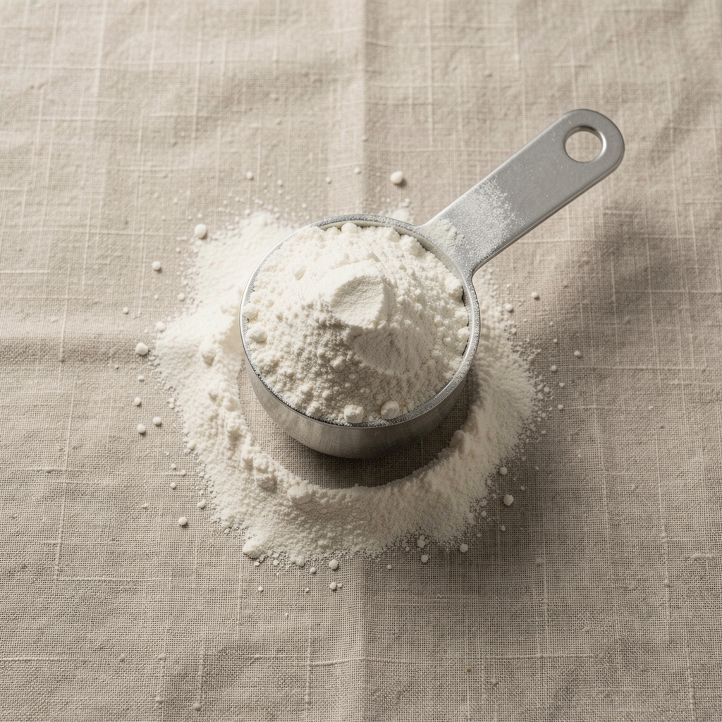 Creatine powder measuring scoop on a neutral linen surface, editorial flat lay composition