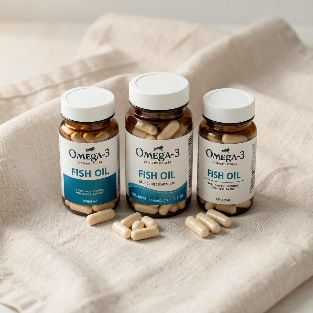 Omega-3 fish oil capsule containers arranged on a pale linen cloth, minimal editorial still life